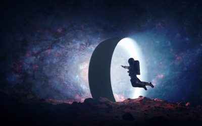 Astronaut on alien planet entering spacetime portal light. Science fiction universe exploration. 3D render